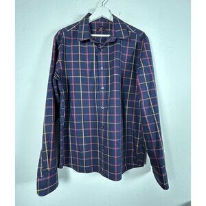 Untuckit Mens Navy Red Plaid Button-Up Shirt Large Slim Fit Wrinkle-Free Cotton